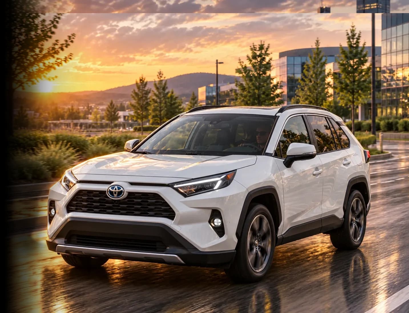 White Toyota SUV on a wet city street at sunset